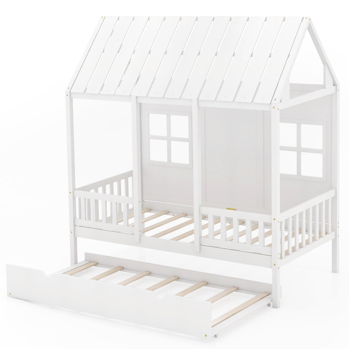 KOMFOTT Twin Size House Bed with Trundle - Playful Wood Bed Frame for Kids with Roof and Fence in White - WoodArtSupply