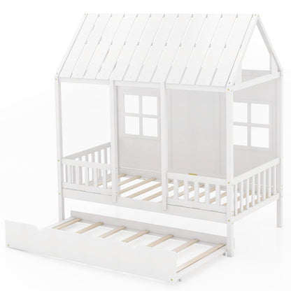 KOMFOTT Twin Size House Bed with Trundle - Playful Wood Bed Frame for Kids with Roof and Fence in White - WoodArtSupply