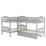 CITYLIGHT Twin-Over-Twin Quad Bunk Beds for 4, L-Shaped Bunk Bed with Trundle, Corner 4 Bunk Beds for Kids, Teens, Gray CITYLIGHT