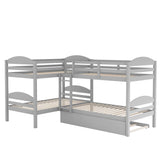 Quad Bunk Bed with Trundle,Twin-Over-Twin L Shape Bunk Bed Frame with Built in Ladder and Guardrail,Wood Bunk Bed Corner BunkBed for Accommodating 5,Family Bedroom Dorm,No Box Spring Needed,Gray TRIPLE TREE