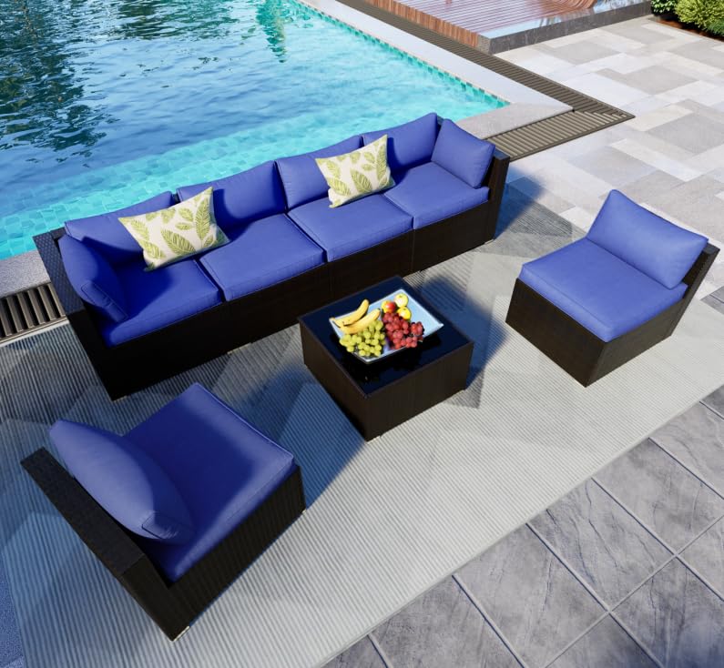 ELEGIBLISS 7 Pieces Patio Furniture Set - Outdoor Sectional Wicker Rattan Furniture with Cushion and Glass Table Patio Conversation Sets for Porch Poolside Backyard Outdoor Sofa Set Modular Sofa ELEGIBLISS
