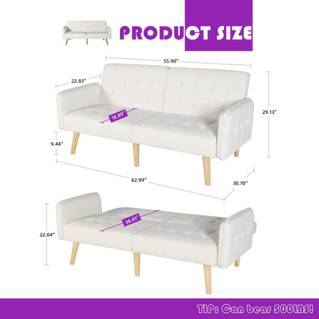 TYBOATLE Modern Faux Leather Upholstered Convertible USB Folding Futon Sofa Bed, 65" Couch, Love Seats Furniture for Small Space Configuration, Apartment, Dorm, Living Room, Office (White) TYBOATLE
