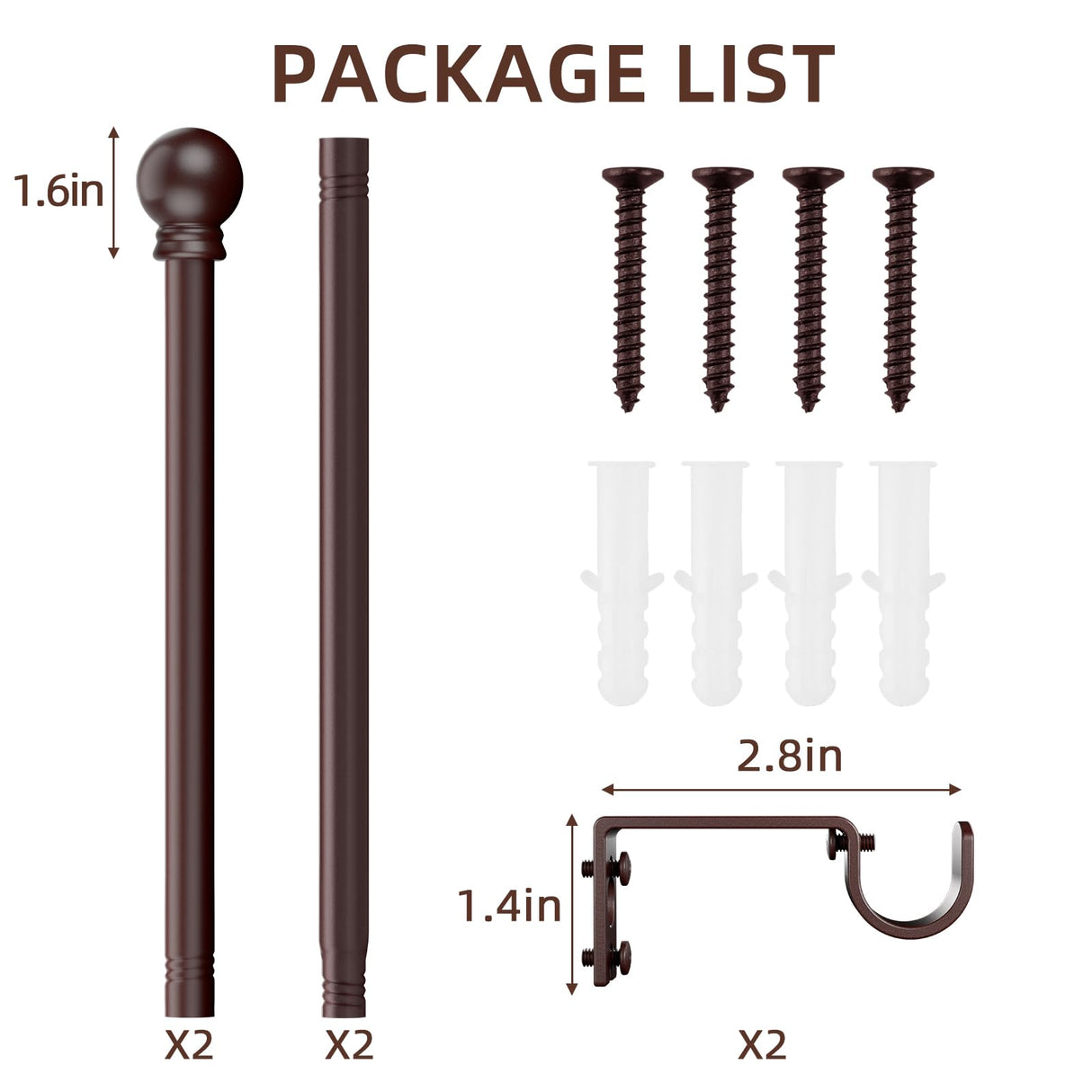 SMODBRODRE Curtain Rods for Window 32 to 62, Brown 5/8 inch Splicing Single Window Curtain Rod Set with Brackets SMODBRODRE