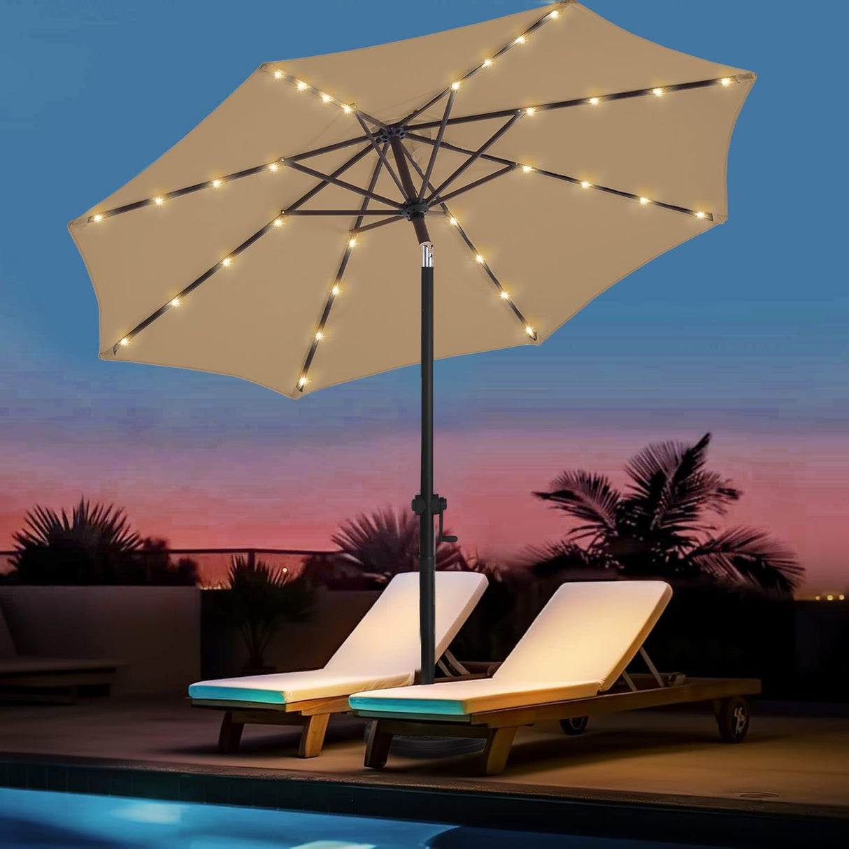 wikiwiki 10ft Solar Led Patio Umbrella, Sturdy Outdoor Market Umbrella for Deck, Pool, Garden w/Tilt, Crank, 32 LED Lights, Tan wikiwiki