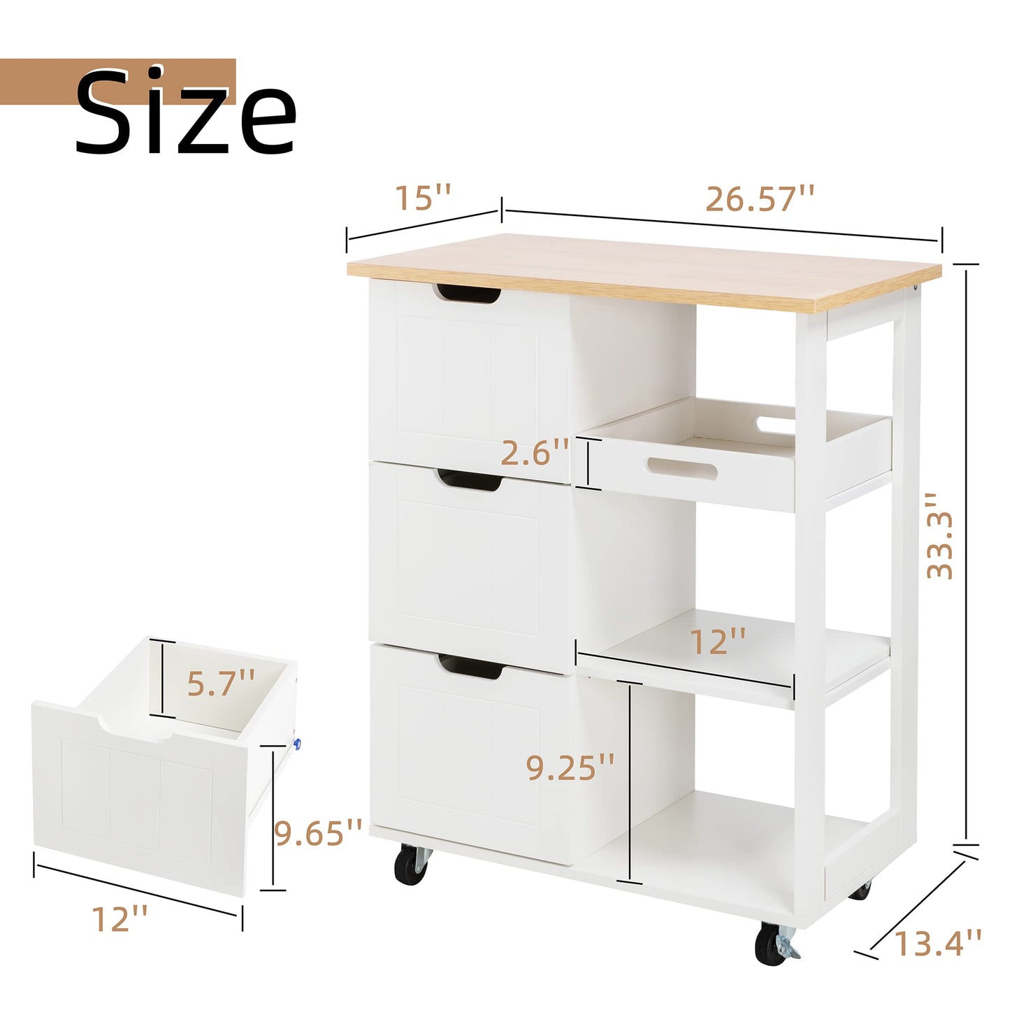 Shintenchi Kitchen Island Cart with Storage,Rolling Kitchen Island Storage Cabinet,Side Table on Wheels with Worktop,3 Open Shelves and 3 Drawers for Kitchen,Dinning Room, White