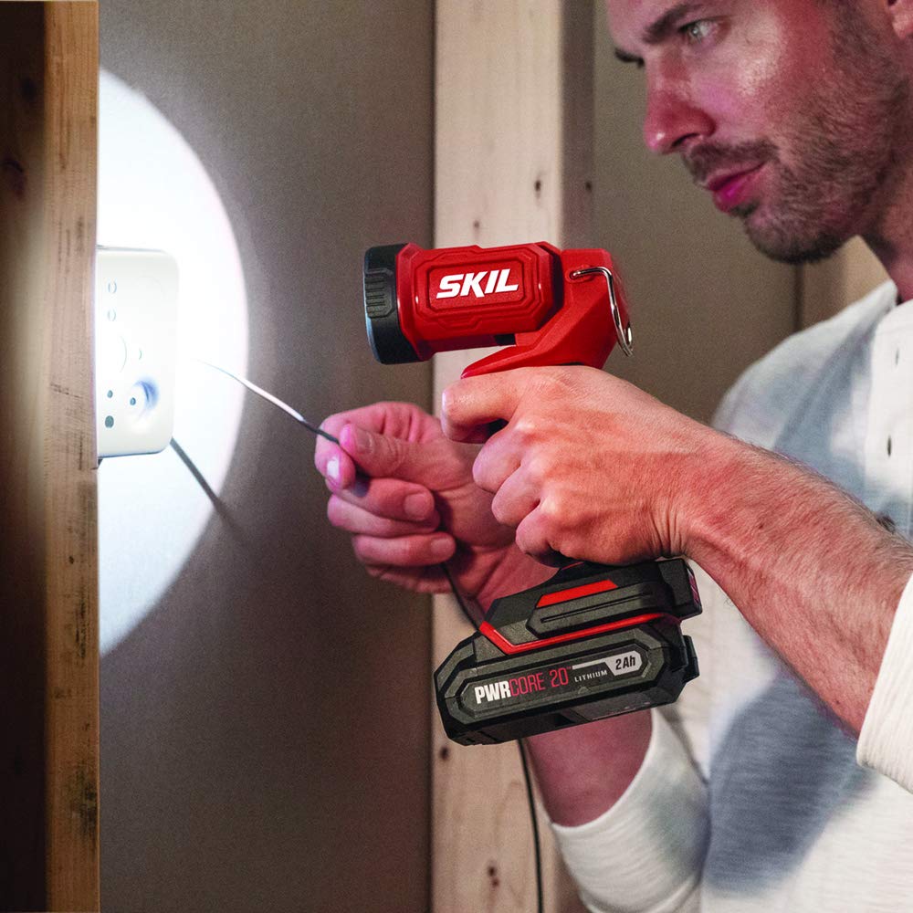 SKIL 4-Tool Kit: 20V Cordless Drill Driver, Impact Driver, Reciprocating Saw and LED Spotlight, Includes Two 2.0Ah Lithium Batteries and One Charger - CB739601, White - WoodArtSupply