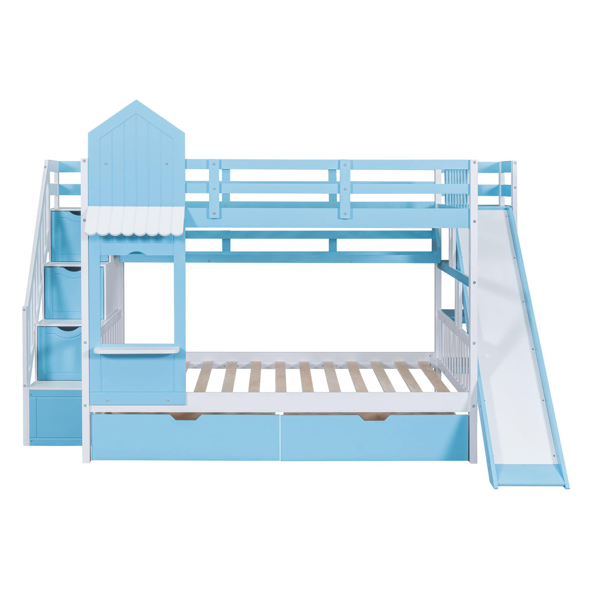 Harper & Bright Designs Full Over Full Bunk Bed with Slide and Stairs, Castle Style Bunk Beds with Storage Drawers and Shelves, Wooden Loft Bunk Bed Frame for Kids, Teens, Boys & Girls (Blue) Harper & Bright Designs