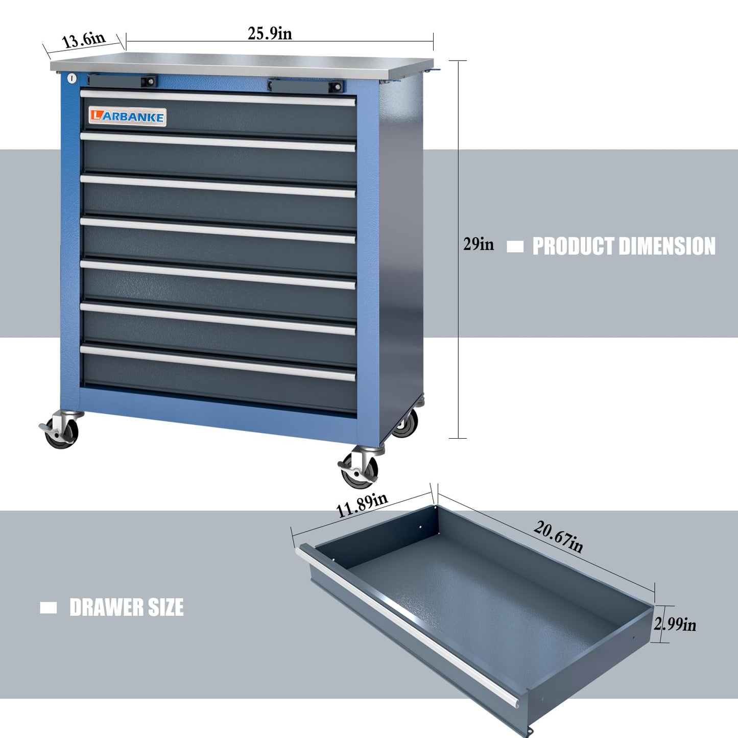 LARBANKE 7-Drawer Rolling Tool Chest Toolbox,Tool Box with 360° Lockable Wheels and Padded Feet,Tool Chest with Keyed Locking System and Drawer Liners,can be Combined Storage System with Tool - WoodArtSupply