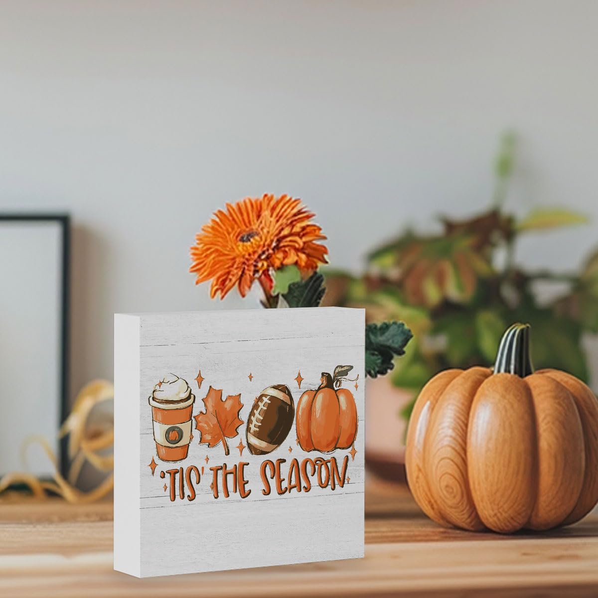 Rustic Tis' the Season Pumpkin Wood Box Sign, Farmhouse Retro Fall Artwork Decor, Autumn Harvest Thanksgiving Wooden Square Sign Desk Block Signs Home Shelf Office Decoration 5 x 5 Inches WRSUNT