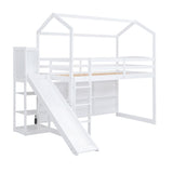Harper & Bright Designs Kids Twin House Loft Bed with Slide, Storage Shelves and LED Light, Wood Twin Low Loft Bed with Guardrail and Ladder, Twin Playhouse Bed for Kids Teens Boys & Girls, White Harper & Bright Designs