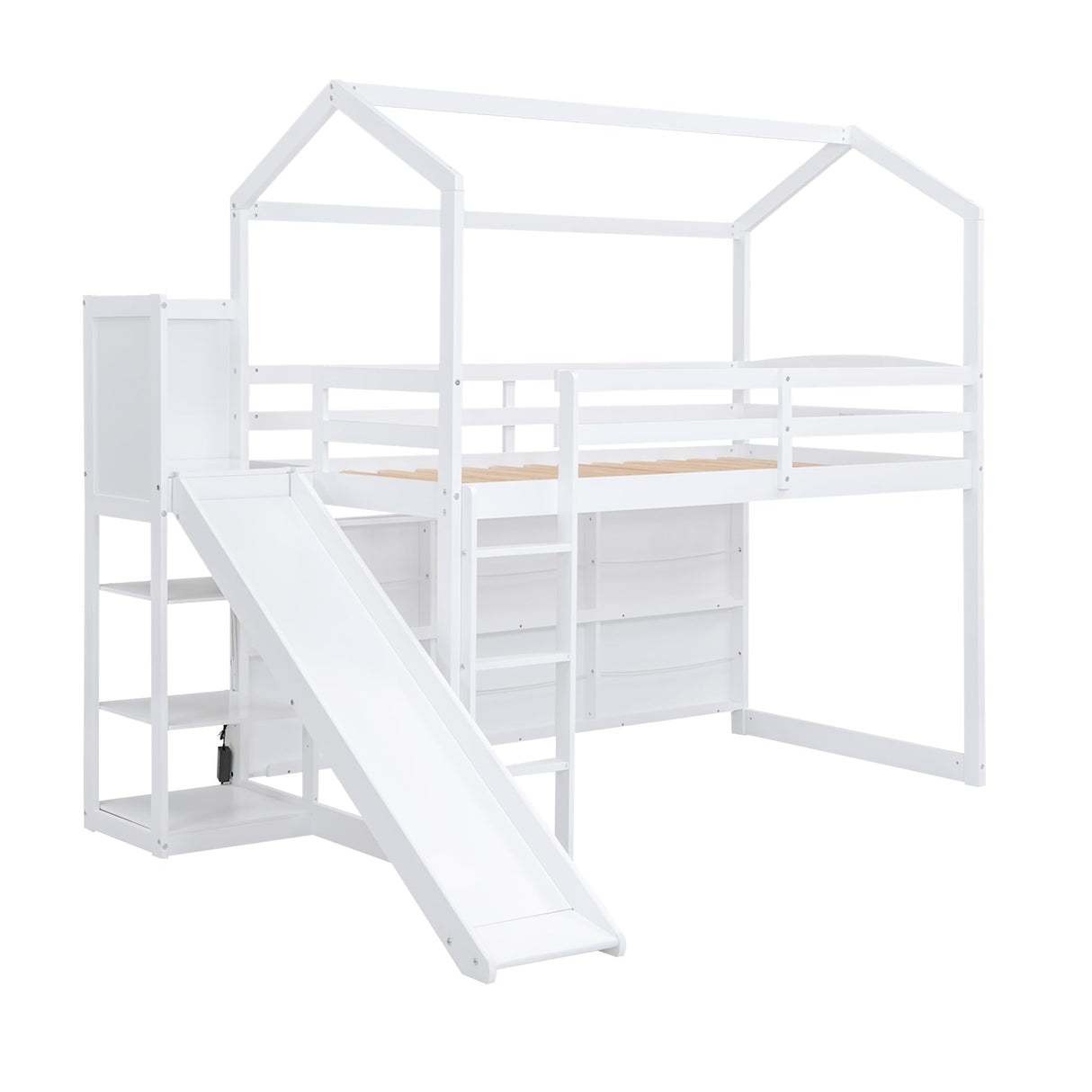 Bellemave Twin Loft Bed with Slide and Ladder, House Loft Bed for Kids, Wood Loft Bed, for Boys Girls, White with Storage Shelves and Light Bellemave