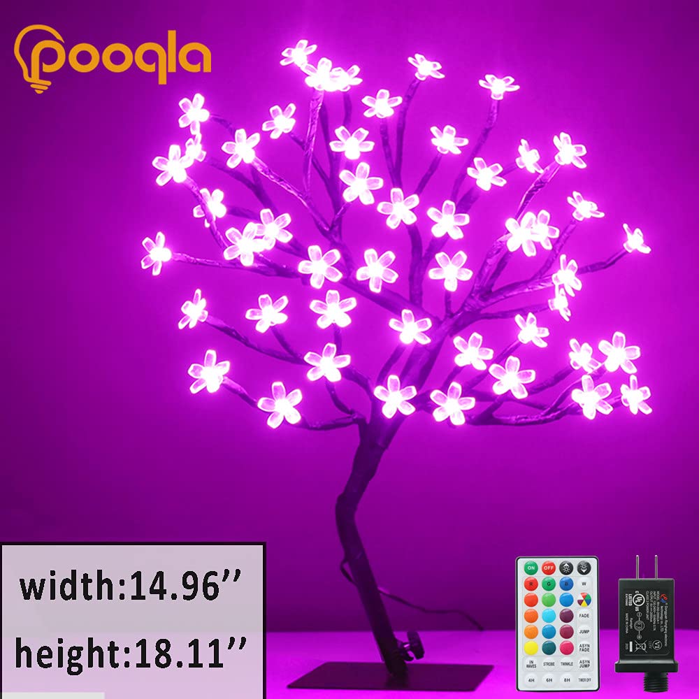 Pooqla 18 Inch 48 LED RGB Cherry Blossom Tree Light with Remote 16 Color-Changing LED Artificial Flower Bonsai Tree Table Top Lamp Home Lit Tree Centerpieces Christmas Decor Pooqla