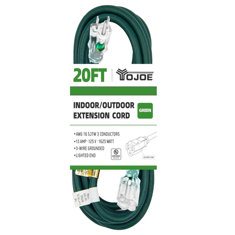 YOJOE 20 Foot Green Outdoor Lighted Extension Cord - 16/3 SJTW Extension Cable with 3 Prong Grounded Plug - 16 Gauge Extension Cord for Garden, Lawn, Yard Decorations Outdoor - UL Listed yojoe