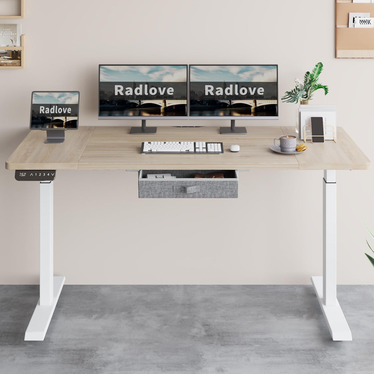 Radlove Dual Motors Height Adjustable 63 x 30'' Electric Standing Desk with Drawer Stand Up Table 4 Memory Keys, Computer Desk with Splice Board Home Office Desk, Oak Top + White Frame Radlove