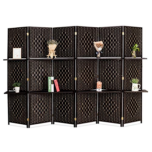 Bonnlo Upgraded Heavy Duty 6FT Tall Rattan Room Divider Screens with Partition Wall 2 Display Shelves, Indoor Folding Screen Dual-Sided Hinges for Home Office (6 Panels) Bonnlo