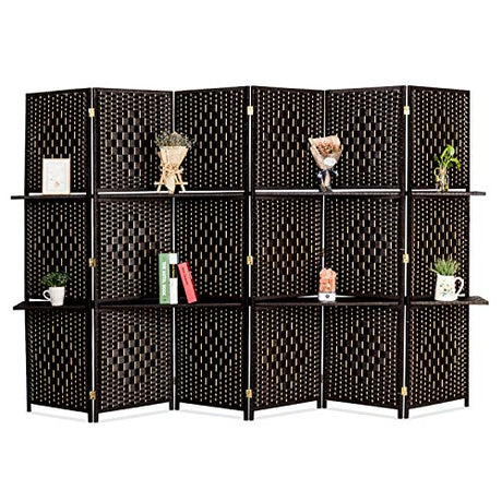 Bonnlo Upgraded Heavy Duty 6FT Tall Rattan Room Divider Screens with Partition Wall 2 Display Shelves, Indoor Folding Screen Dual-Sided Hinges for Home Office (6 Panels) Bonnlo