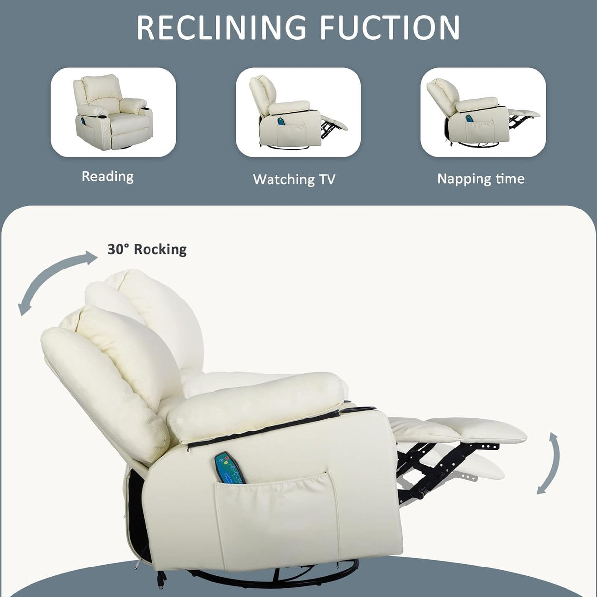 White Recliner Rocker Chairs with Heat,Massage Chair Recliner Leather Swivel Recliners for Living Room, Manual Reclining Lounge Chairs Overstuffed Single Sofa Chair for Adults KCREAM