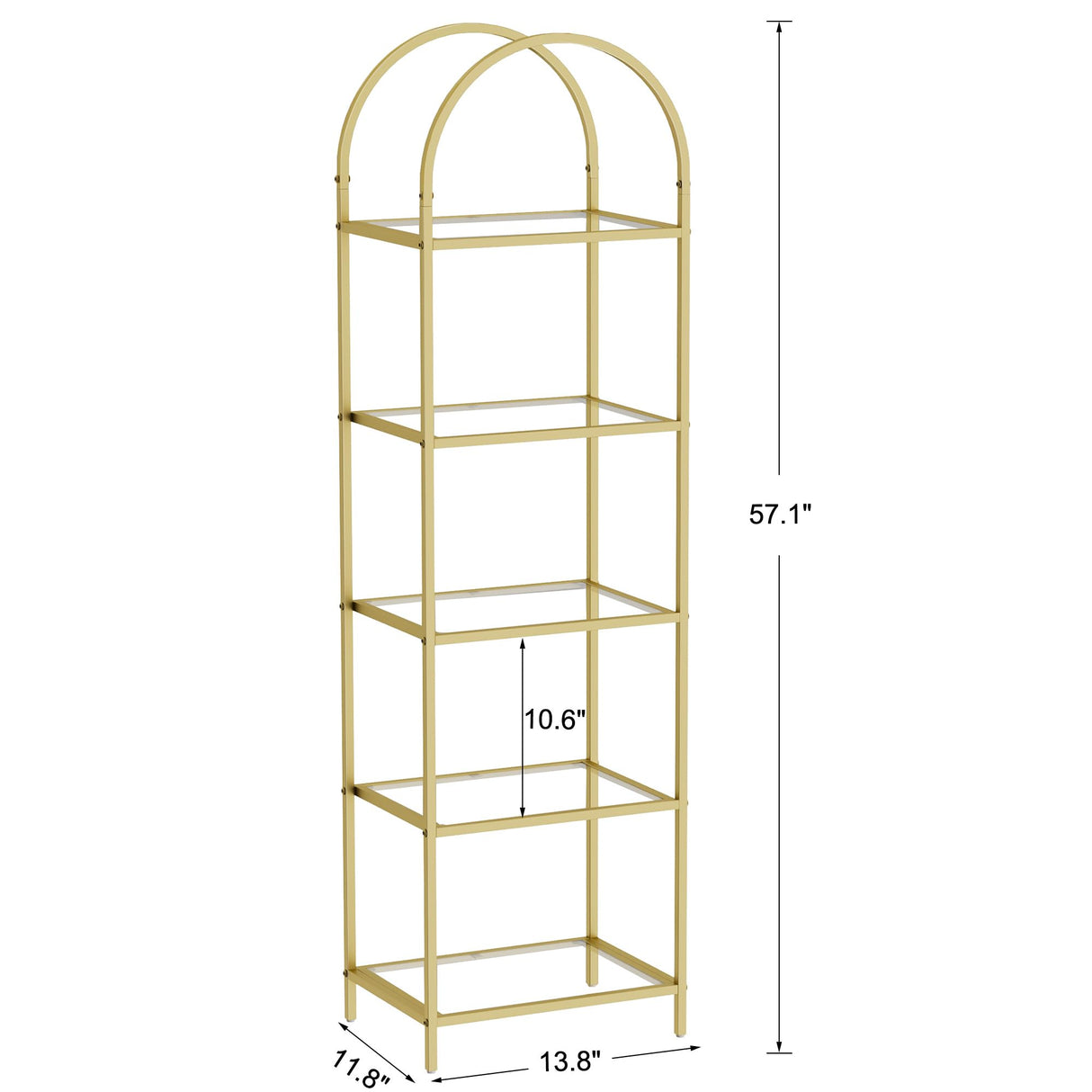 Homhedy Bookshelf Arched Display Racks,Metal Bookcase,Tempered Glass Shelves,Storage Rack Shelf for Home Office,Living Room,Bedroom, Bathroom,Modern Style (Golden, 11.8" D x 13.8" W x 57.1" H) Homhedy