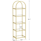 Homhedy Bookshelf Arched Display Racks,Metal Bookcase,Tempered Glass Shelves,Storage Rack Shelf for Home Office,Living Room,Bedroom, Bathroom,Modern Style (Golden, 11.8" D x 13.8" W x 57.1" H) Homhedy