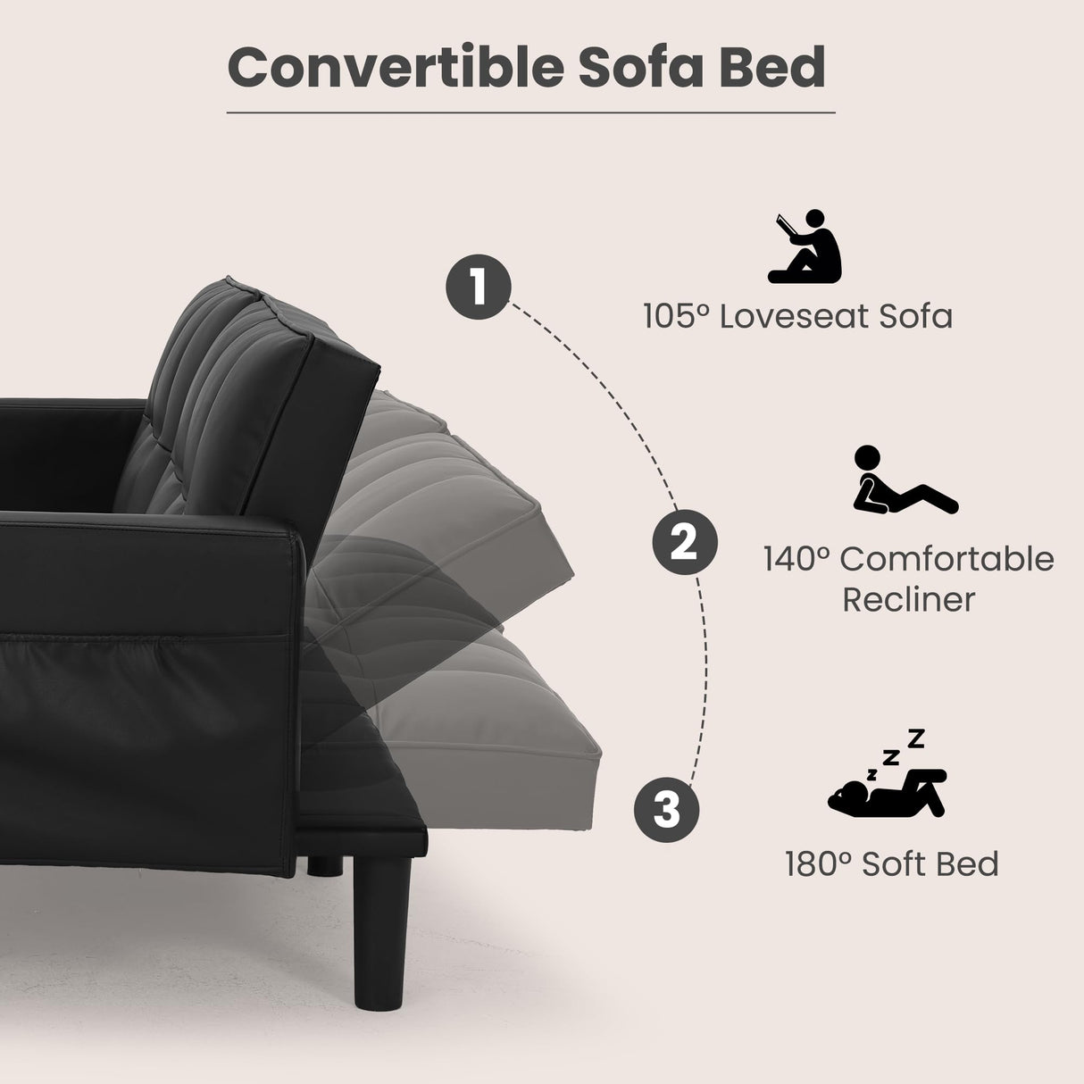 ECOTOUGE Faux Leather Futon Couch, Convertible Sofa Bed with Adjustable Back, Modern Sleeper Sofa for Living Room, Black ECOTOUGE