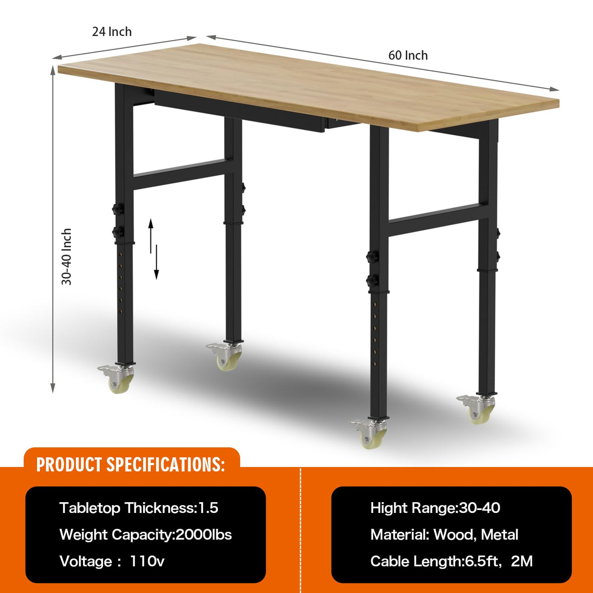 Pelnuies Workbench, 60" Adjustable Height Work Table with Power Outlet, Drawer and Wheels, 2000 LBS Load Capacity Hardwood Work Bench for Garage, Workshop, Home, Office (60" X 24") Pelnuies