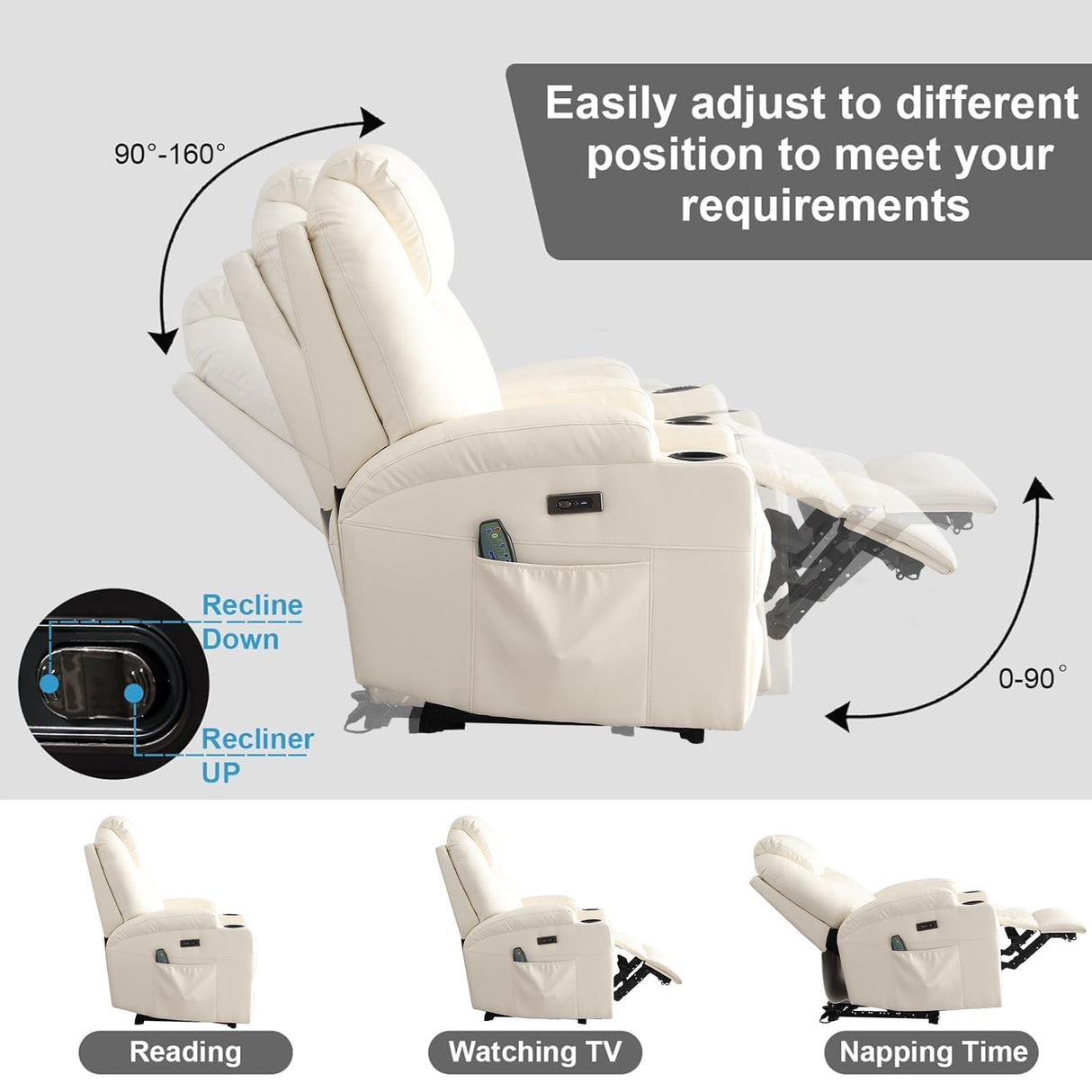 IBTKIG Power Recliner Chair with Heat and Massage, PU Leather Home Theater Seating with LED Lights/Cup Holders/Side Pocket/USB Port, Reclining Sofa Chair for Living Room (1, Beige) IBTKIG