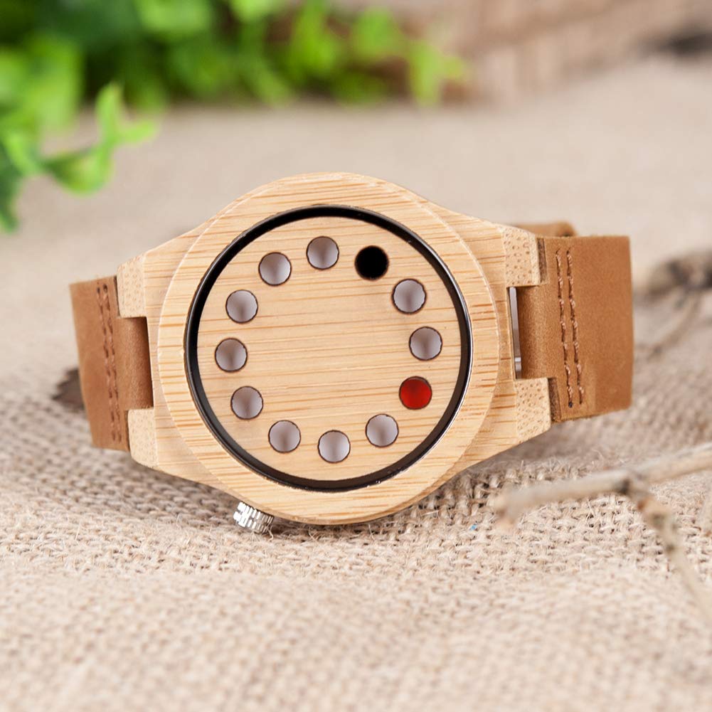 BOBO BIRD Men's Bamboo Wooden Watch with Black Cowhide Leather Strap 12 Holes Timer Design Sports Casual Watches (Brown Cat-Eye) BOBO BIRD
