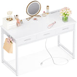 AODK 48" Vanity Desk no Mirror with 3 Fabric Drawers, Small Makeup Vanity Desk for Bedroom with Power Outlet, White Vanity Table with Versatile Hook, Girls Vanity Makeup Table, White AODK