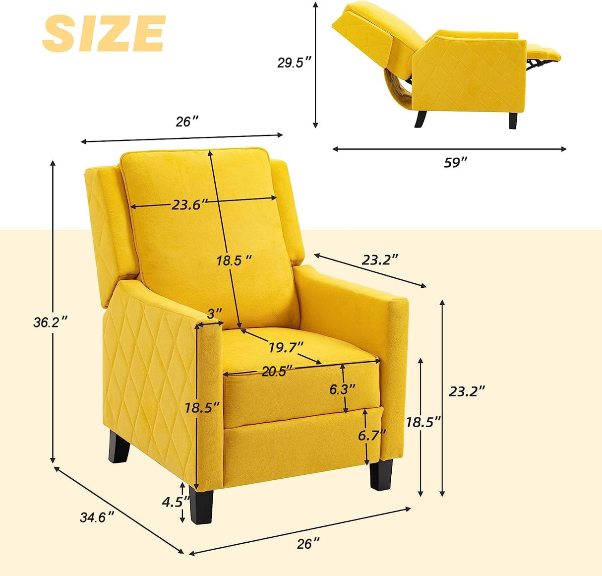 AVAWING Push Back Recliner Chair, Wing Back Chairs with Arms, Mid-Century Vintage Accent Chair for Living Room, Polyester, Yellow AVAWING
