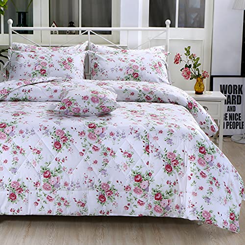 FADFAY Rose Floral Comforter Set Twin Shabby Floral Summer Quilt 100% Cotton Fabric with Soft Microfiber Inner Fill Bedding Lightweight Reversible All Season Down Alternative Duvet Insert 3Pcs, Twin FADFAY