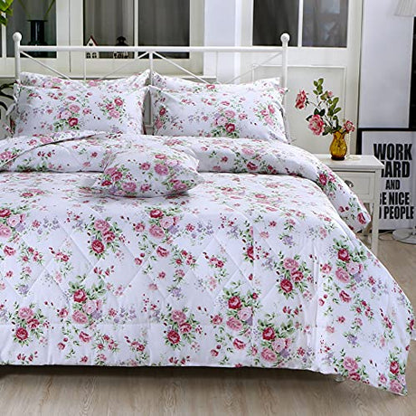 FADFAY Rose Floral Comforter Set Twin Shabby Floral Summer Quilt 100% Cotton Fabric with Soft Microfiber Inner Fill Bedding Lightweight Reversible All Season Down Alternative Duvet Insert 3Pcs, Twin FADFAY