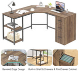 LVB Rustic L Shape Computer Desk with File Cabinet, Reversible Corner L-Shaped Desk with Drawers Storage Shelf, Modern Large Wood L Shaped Work Study Writing Gaming Desk Table for Home Office, 60 in LVB
