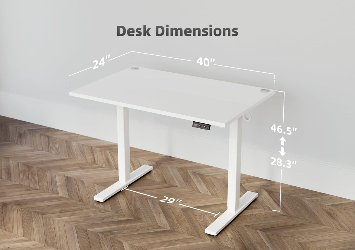 Seang Electric Standing Desk with Adjustable Height, 40x24 Inch Stand Up Desk, Sit Stand Desk with Splice Board for Home Office Computer Workstation, White Frame/White Top Seang