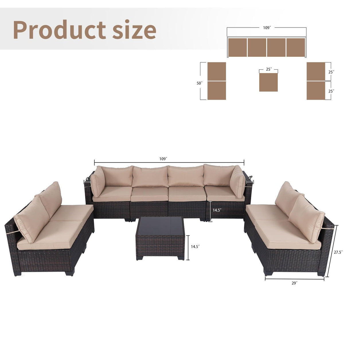 LEVELEVE 9 Pieces Outdoor Patio Furniture Sets,Rattan Conversation Sectional Set,Manual Weaving Wicker Patio Sofa with Tea Table LEVELEVE