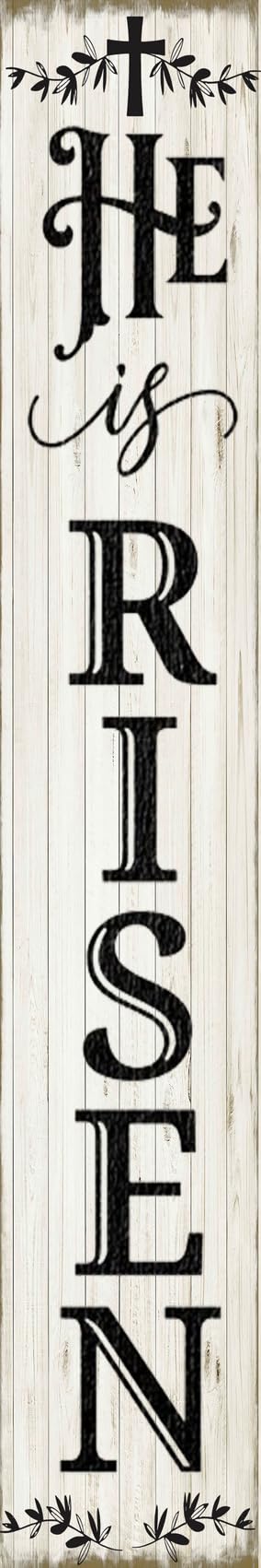 Houseuse He Is Risen Porch Sign 8x48" Easter Decorations Religious Easter Cross Decor Hanging Farmhouse Wooden Jesus Spring Vertical Wooden Sign Home Front Door Wall Spring Decor, CTXS2312230X06Q