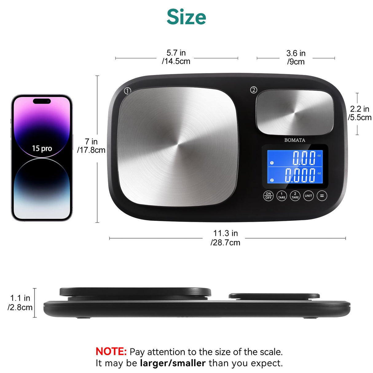 BOMATA 0.01g/500g & 1g/15kg Dual Platform Kitchen Scale with Two Precisions, Accumulation Function, Gram and Ounce, Digital Scale for Food, Baking, Yeast, Jewelry B614 BOMATA