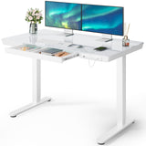 Marsail Glass Standing Desk with Drawer, 48 x 24 inch Electric Standing Desk, Height Adjustable Desk with One-Piece Tabletop & USB Charging Ports, Sit Stand Desk with Storage for Home & Office White Marsail