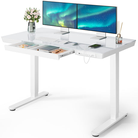 Marsail Glass Standing Desk with Drawer, 48 x 24 inch Electric Standing Desk, Height Adjustable Desk with One-Piece Tabletop & USB Charging Ports, Sit Stand Desk with Storage for Home & Office White Marsail
