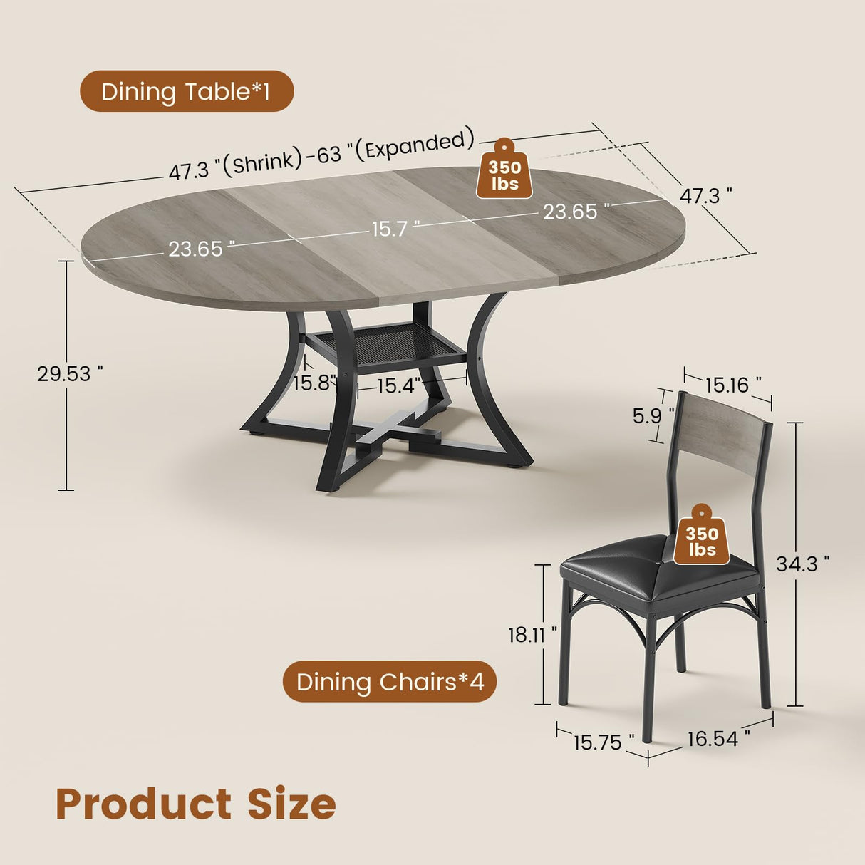 Itaar Round Extendable Dining Table Set for 4-6 People, 5-Piece Kitchen Table Set with 4 Cushion Chairs, Dining Room Table for 6 with MDF Board & Metal Frame for Small Space, Easy Clean, Rustic Grey Itaar
