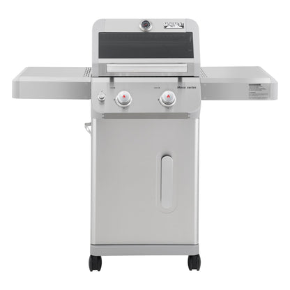 Monument Grills 2-Burner Stainless Steel Liquid Propane Gas Patio Garden Barbecue Grill with Clearview® Lid, Knob Control, and Two Foldable Shelves Mesa200S with BBQ Cover