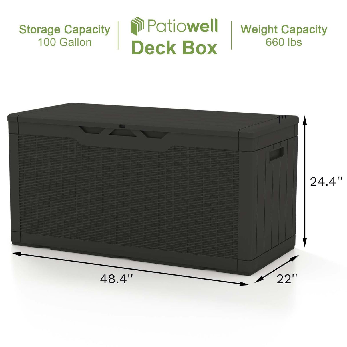 Patiowell 100 Gallon Resin Deck Box, Waterproof Large Outdoor Storage Box with Padlock for Patio Furniture, Toys and Garden Tools, Black Patiowell