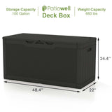 Patiowell 100 Gallon Resin Deck Box, Waterproof Large Outdoor Storage Box with Padlock for Patio Furniture, Toys and Garden Tools, Black Patiowell