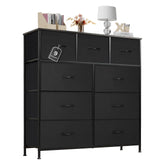 Sweetcrispy Dresser for Bedroom with 9 Storage Drawers, Tall Large Fabric Storage Tower Organizer, Chest of Drawers with Metal Frame Wooden Top for Nursery, Closet, Living Room, Entryway, Black Sweetcrispy