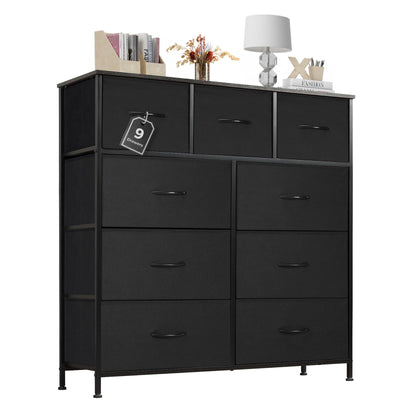 Sweetcrispy Dresser for Bedroom with 9 Storage Drawers, Tall Large Fabric Storage Tower Organizer, Chest of Drawers with Metal Frame Wooden Top for Nursery, Closet, Living Room, Entryway, Black