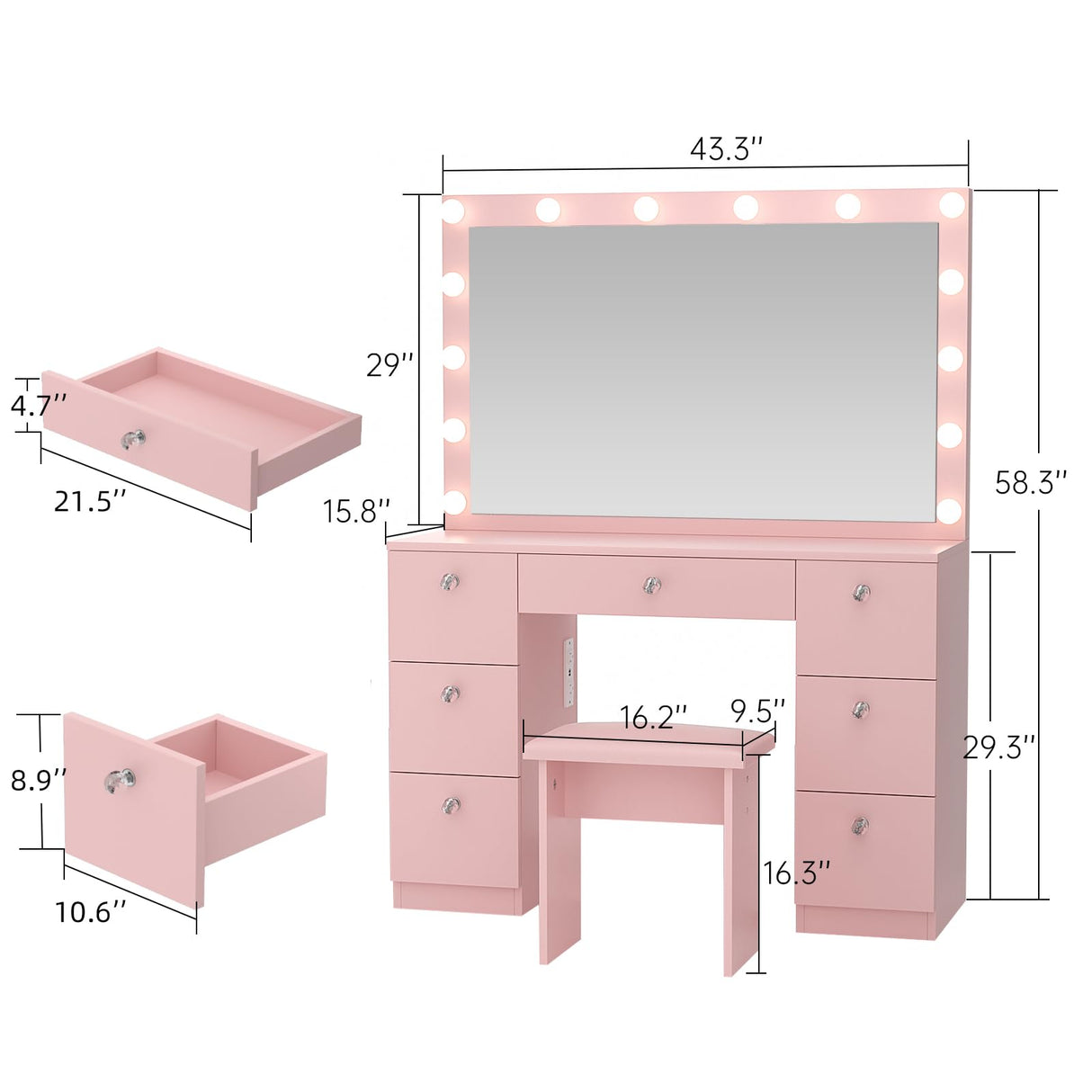 VOWNER Vanity with Lighted Mirror - Makeup Vanity Desk with Glass Top, 7 Drawers and Power Outlet, 3 Color Lighting Modes Adjustable Brightness, 44" Vanity Table with Stool for Women Girls, Pink VOWNER