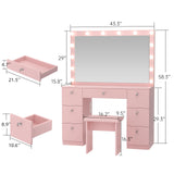 VOWNER Vanity with Lighted Mirror - Makeup Vanity Desk with Glass Top, 7 Drawers and Power Outlet, 3 Color Lighting Modes Adjustable Brightness, 44" Vanity Table with Stool for Women Girls, Pink VOWNER