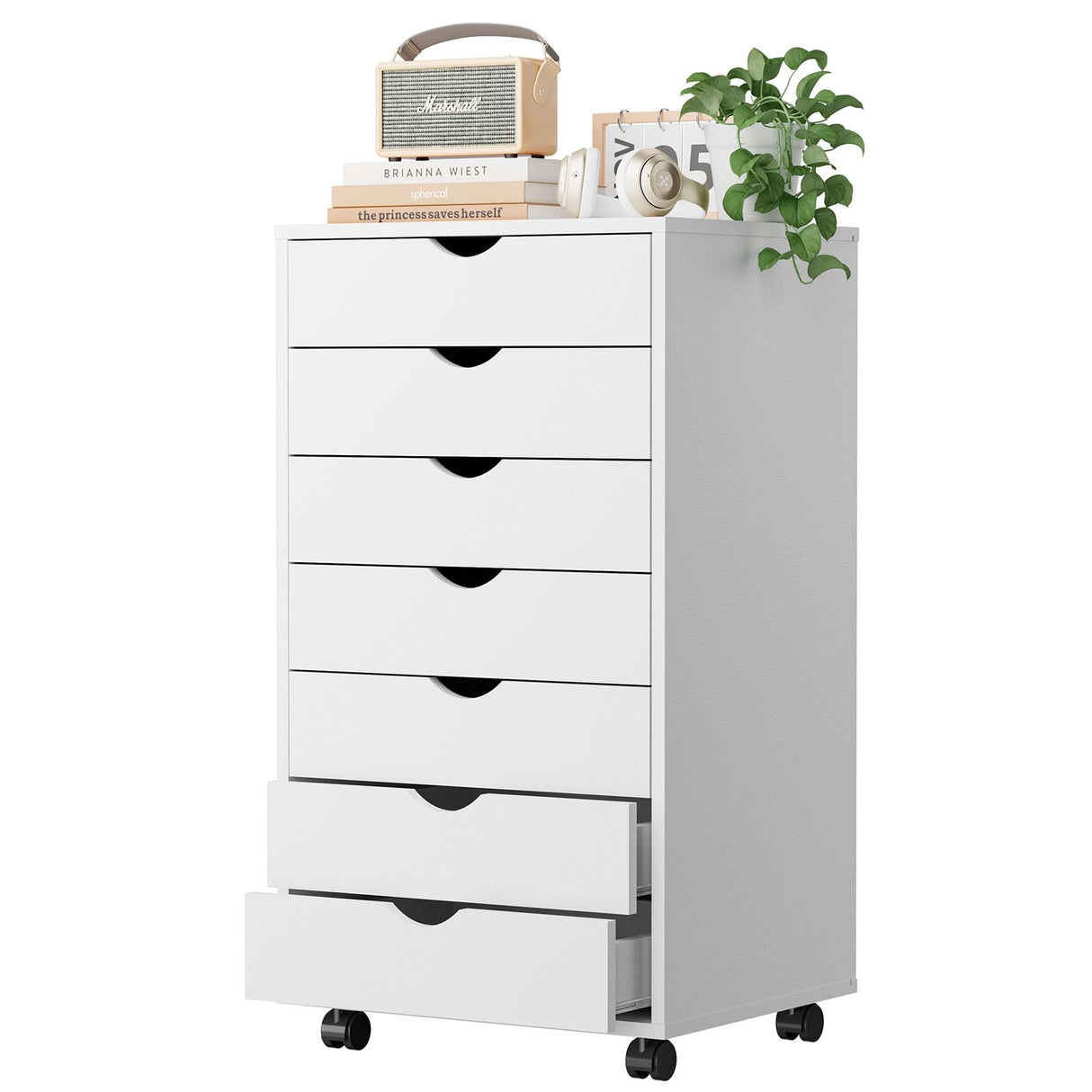 OLIXIS 7 Drawer Chest Wood File Cabinet Rolling Organization Storage Dresser with Wheels for Home Office, White OLIXIS