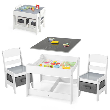 GLACER Kids Table and Chairs, 3 in 1 Wooden Activity Table with Storage, Reversible Tabletop, Chalkboard for Crafts, Drawing, Reading, Toddler Table and Chair Set for Playroom, Easy to Clean(Grey) GLACER