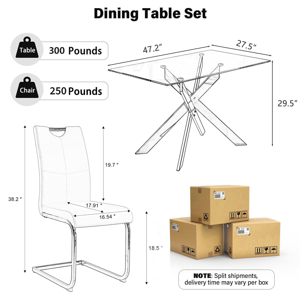 KATBOC 7-Piece Dining Table Set for 6, Modern Rectangular Glass Table with 6 Upholstered Leather Chairs, Space-Saving Dining Room Furniture Table & Chair Sets for Small Spaces&Apartment(Black&Silver) KATBOC