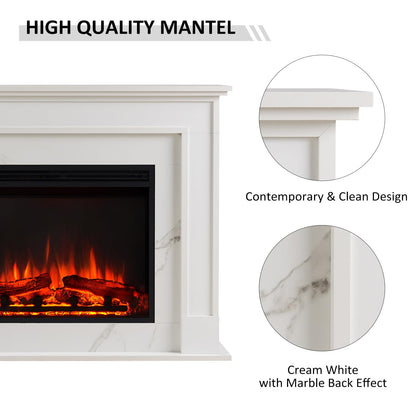 LegendFlame Fireplace Suite Cathrine, 47 Inch Mantel Surround, Cream White with Snow White Marble Finish, with 26 Inch Electric Fireplace Insert, 750W/1500W Heater, Weekly Timer, Remote Control